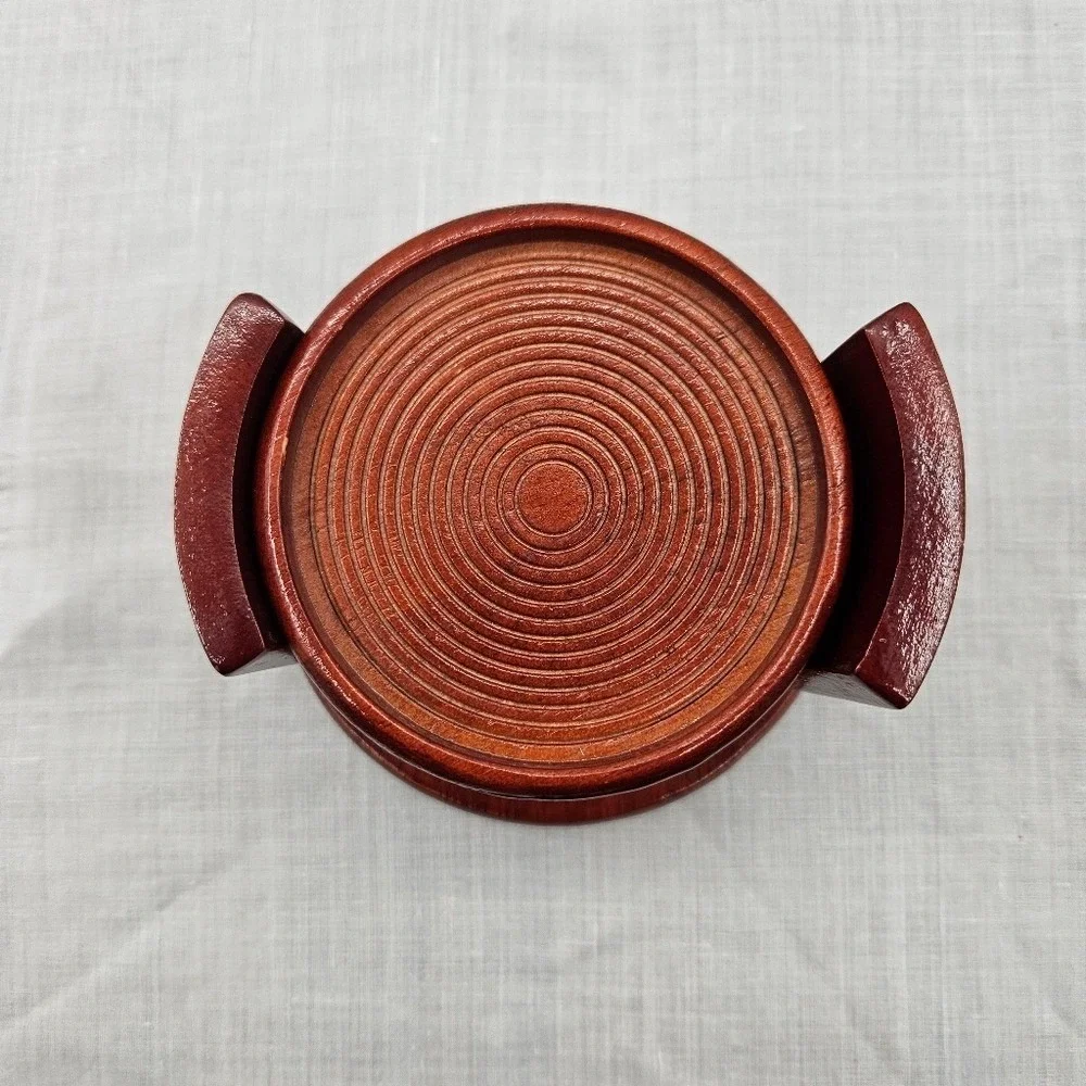Kamenstein Wood‎ Coaster Set of 6 with Holder Red Brown Concentric Ring Design